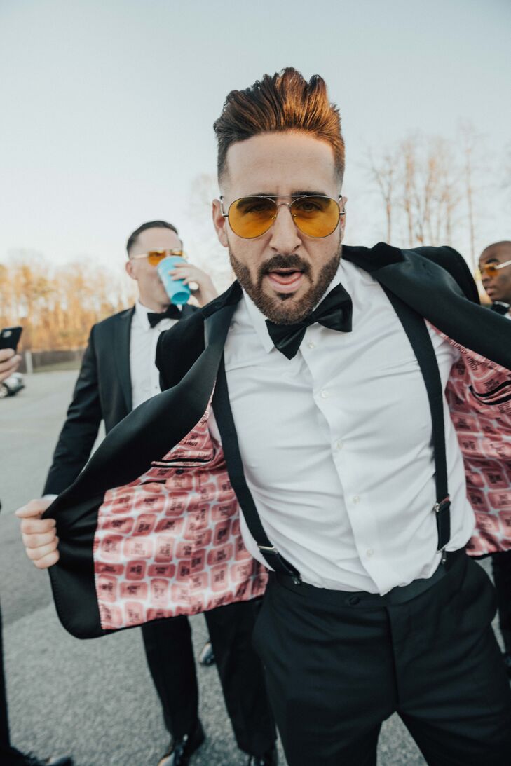 Modern Groom with Personalized Black Velvet Tuxedo and Bow Tie