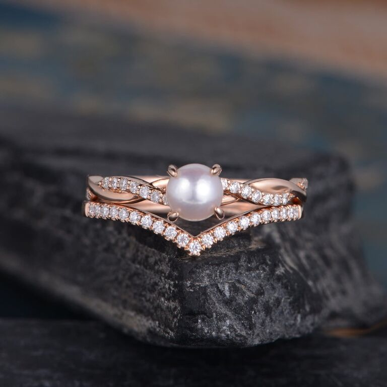 Szeki Studio Curved Shaped Pearl Engagement Ring in 14K Rose Gold