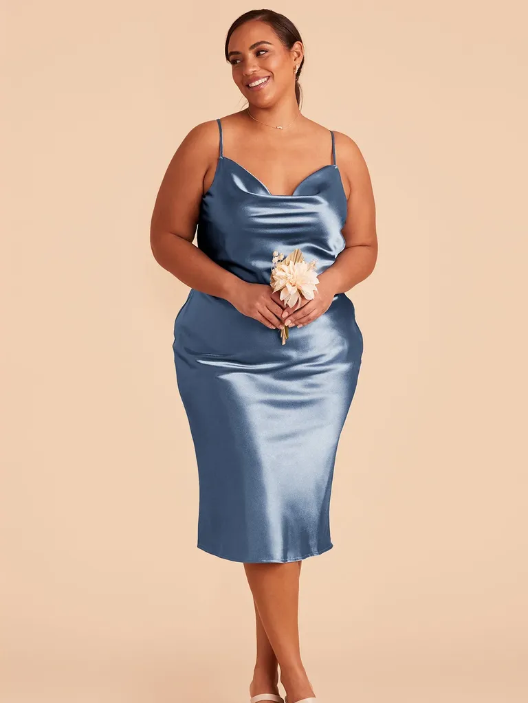 Blue satin midi bridesmaid dress