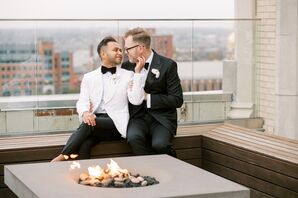 Grooms Beside Fire Pit on Rooftop of Hotel Kansas City in Missouri