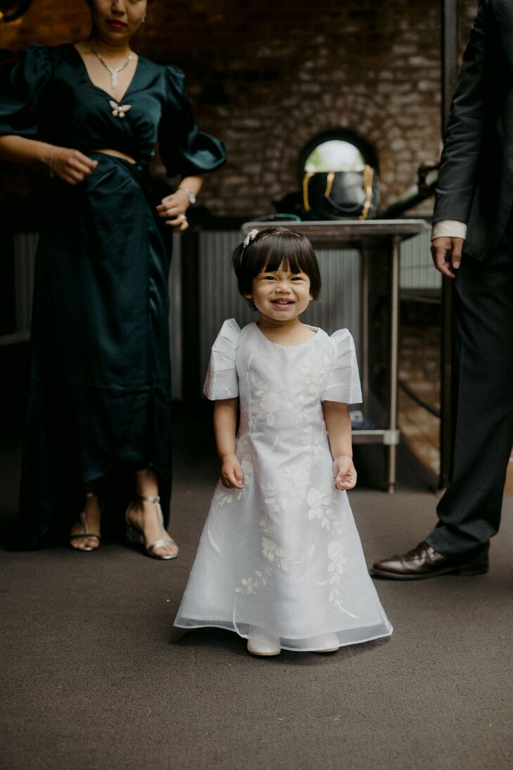 Flower Girl in Filipiniana Dress With Hand Painted White Flowers With Bell-Like Structured Sleeves