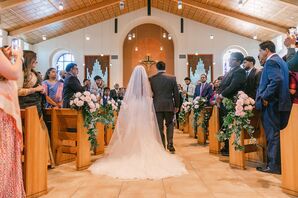 Father in Gray Suit Walking Daughter With Cathedral-Length Veil Down Church Aisle, Ceremony