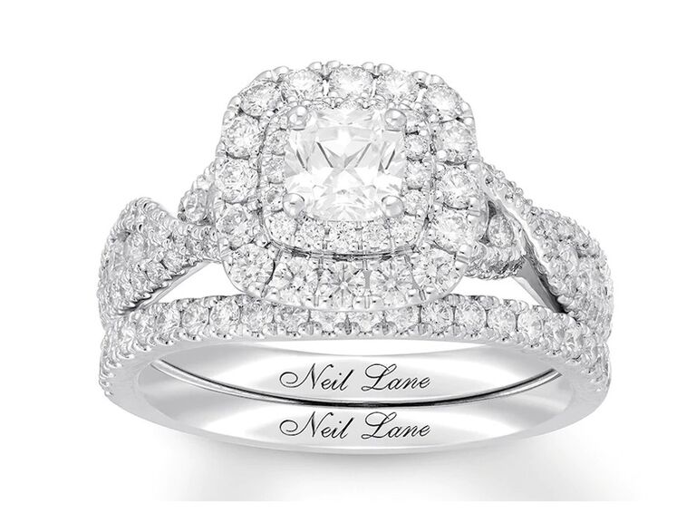 jared neil lane diamond cushion cut engagement and wedding ring set with round diamond halo round diamond twist band and round diamond band