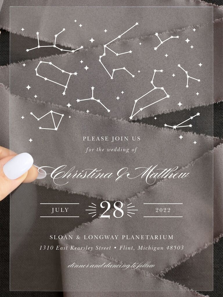 Constellation design and elegant white type on gray background