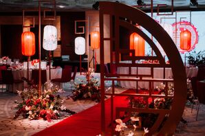 Traditional Reception Banquet Space With Low Lighting, Chinese Lanterns, Flowers