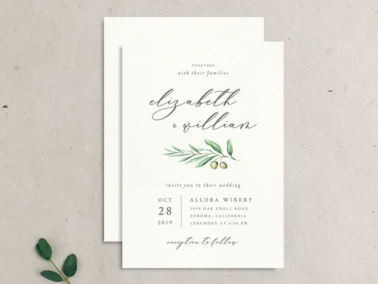 Watercolor green olive branch graphic with names in calligraphy on white background