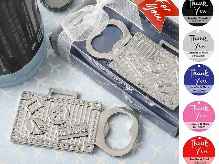 Silver bottle opener in suitcase shape with 'Bon voyage' and other travel-related graphics