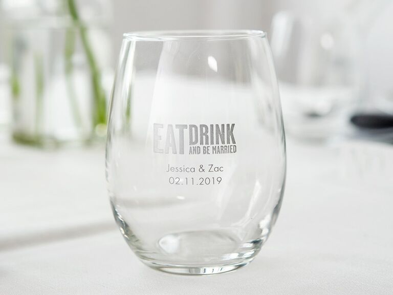 Stemless wine glasses featuring personalized engravings. 