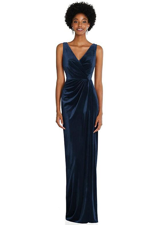 Dessy Group Draped Skirt Faux Wrap Velvet Maxi Dress - 6861 V-Neck Bridesmaid Dress - 1