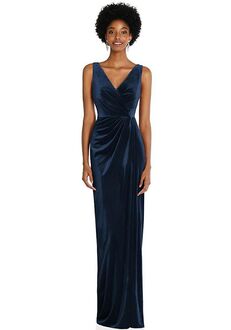 Dessy Group Draped Skirt Faux Wrap Velvet Maxi Dress - 6861 V-Neck Bridesmaid Dress