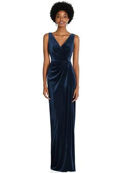 Dessy Group Draped Skirt Faux Wrap Velvet Maxi Dress - 6861 V-Neck Bridesmaid Dress