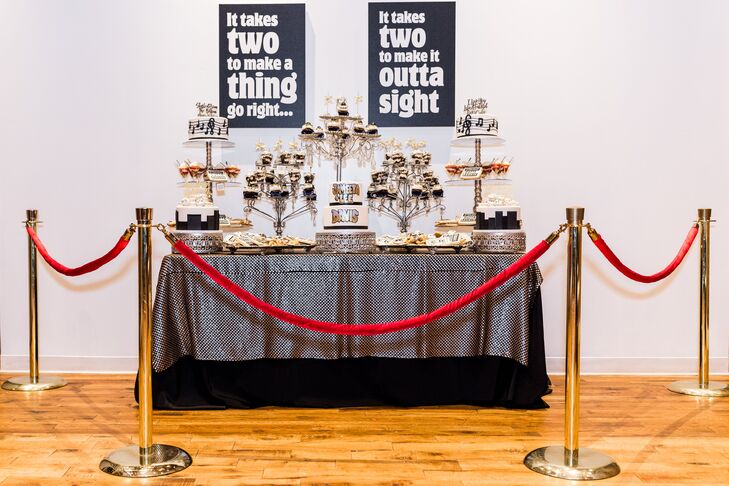 Hip-Hop-Inspired Dessert Table with Silver Linen, Red Ropes and Lyric Signs