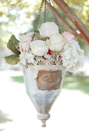 Vintage Hanging Aluminum Planter With Neutral Roses