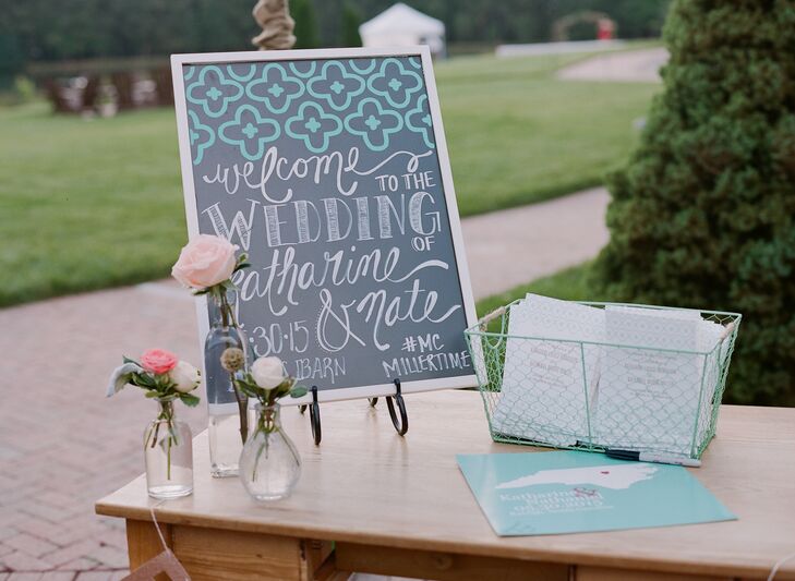 Motifs from Katharine and Nate’s wedding invitations, including a mint-and-gold color palette and a graphic print, were included in the decor. A playful pattern on the hand-lettered chalkboard sign greeted guests as they arrived to the ceremony and appeared once again on the escort cards.