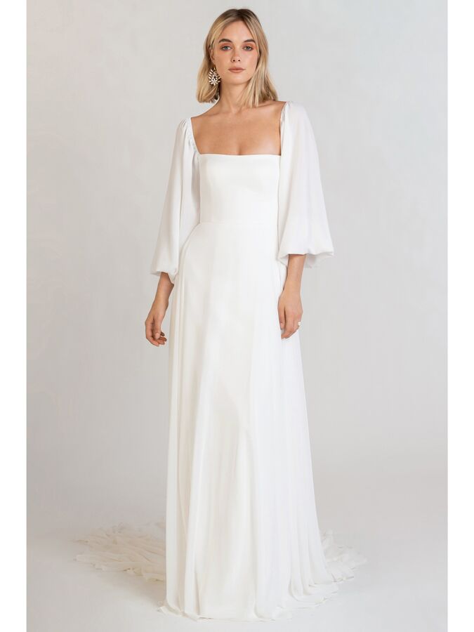 Jenny Yoo chiffon wedding dress with square neckline and long balloon sleeves