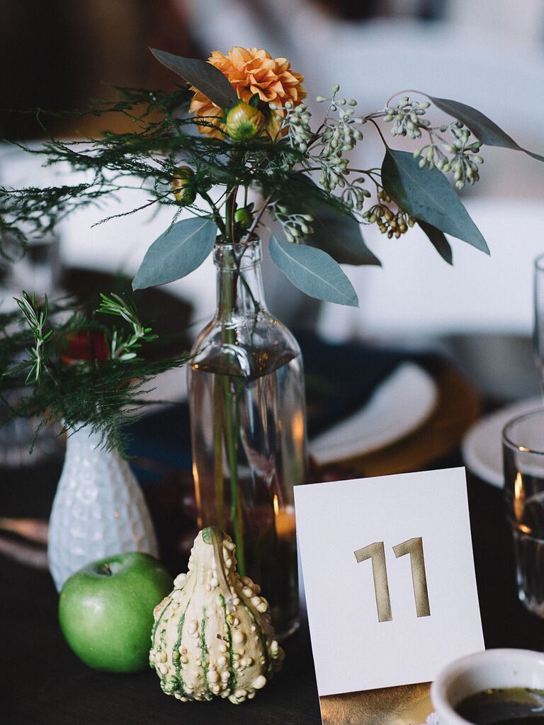 fall wedding centerpiece with green apple and gourd