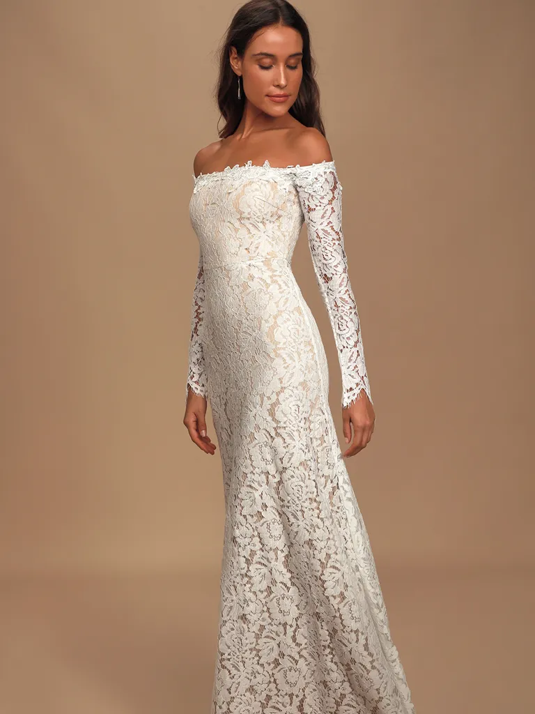 White Lace Off-the-Shoulder Maxi Dress for older brides