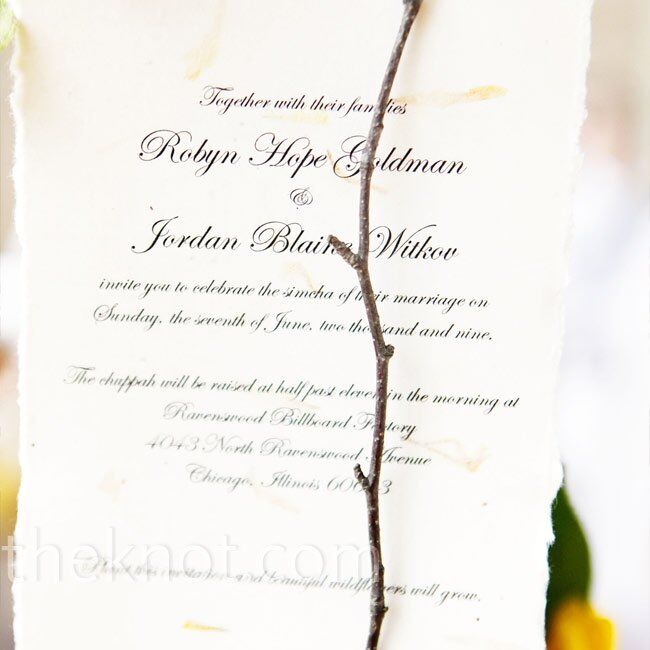 To go with their sunflower theme, the couple’s invites were printed on cotton fiber paper embedded with flower seeds. Guests could plant them after the wedding.