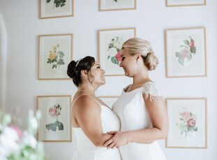 Karina Cervantes (top left) and Mónica	Smyk had a destination wedding in a little town called Soller on the island of Mallorca, Spain. "The landscape 