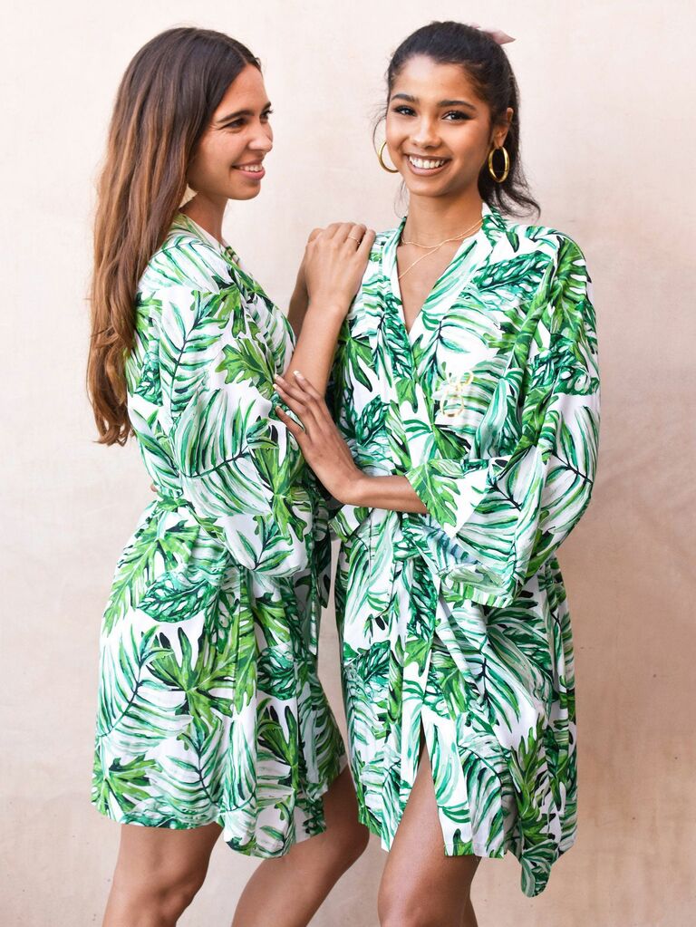 tropical palm-pattered cotton bridal party robes