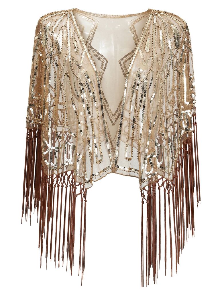 A gold sequin fringe cape with see-through material from Walmart