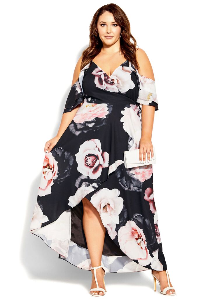City Chic black floral wedding guest dress with V-neckline and tie waist