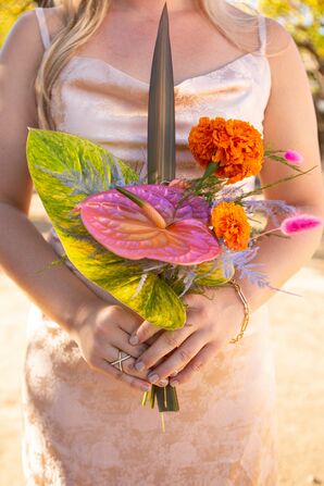 Bold, Colorful Bridesmaid Bouquet With Dyed Calla Lily, Orange Carnations, Pink, Lavender Flowers, Modern