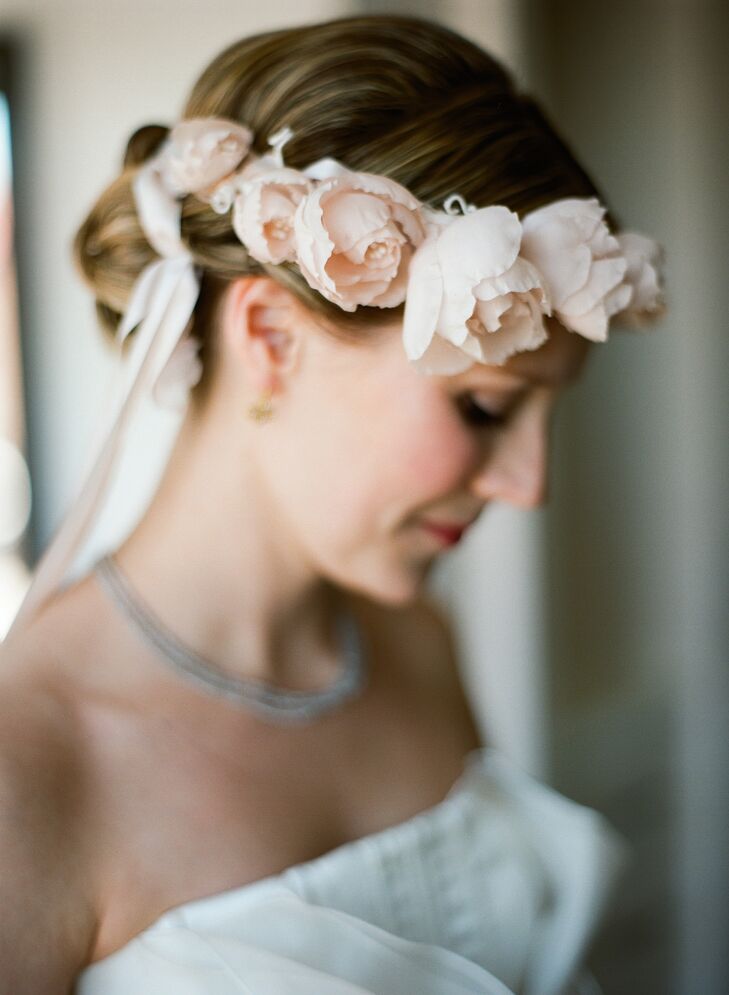 "I love art nouveau, especially Alphonse Mucha," Tessa says. "Erica Elizabeth's flower crowns reminded me of some of my favorite Mucha portraits." Erica cut, dyed and arranged this Habutai silk rose crown. She finished it with long, streaming silk ribbons that draped down her back.