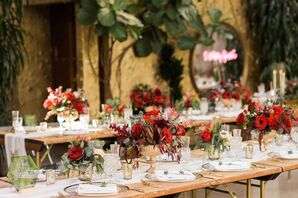 Rustic Dining Tables with Red and Gold Centerpieces