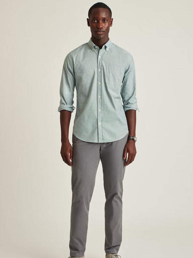 A model shows off this "night aqua" button-up shirt.