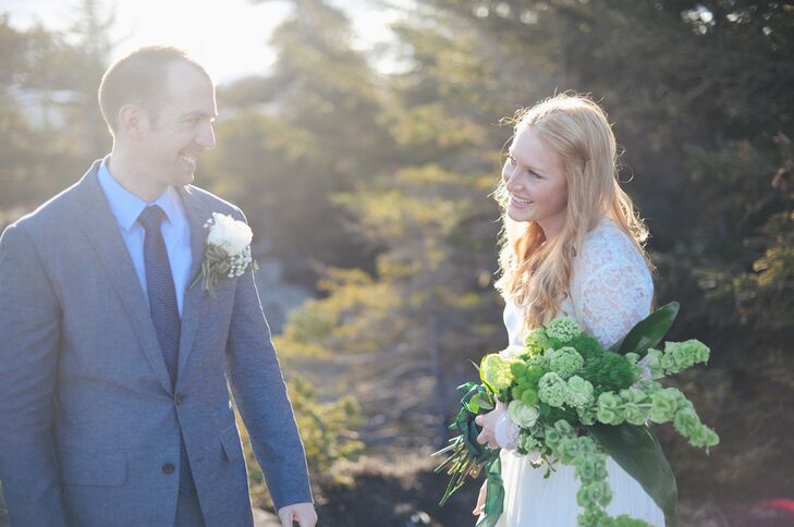 “My bouquet was all green because I wanted it to accent any bit of new plant growth that was happening in early May in Alaska,” Grace says. “I also thought it would complement my ginger hair and ivory dress. I didn’t even realize how nicely it complemented Clif’s suit.”