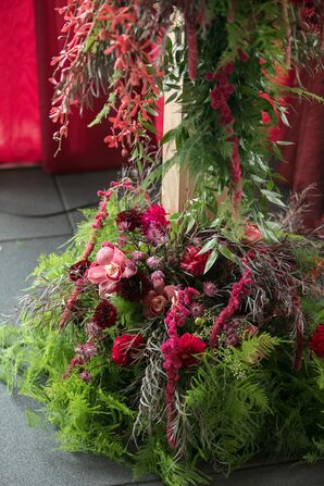 Burgundy Kangaroo Paw and Orchid Flower Arrangement with Ferns