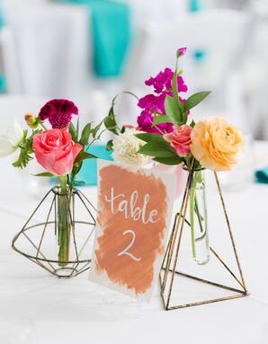 Simple Table Numbers and Bud Vases as Reception Centerpieces