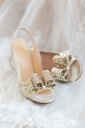 Gold Glitter Peep Toe Kate Spade Pumps with Bow Detail