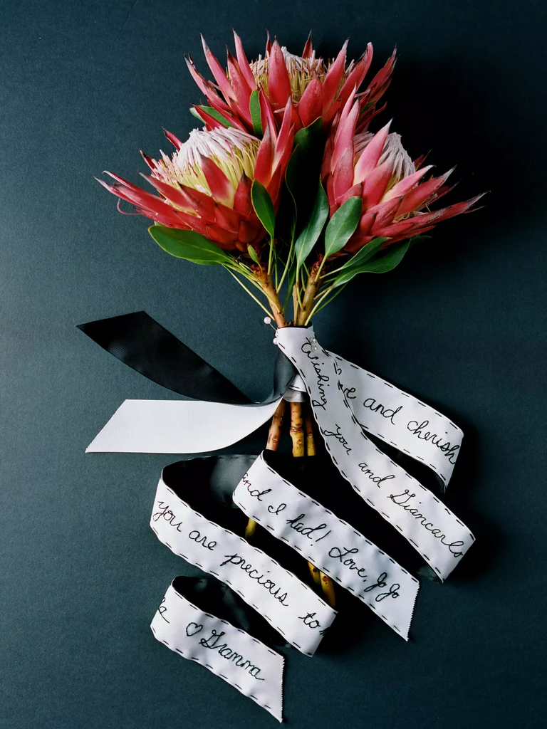 Protea Wedding Bouquet in pink, white and black