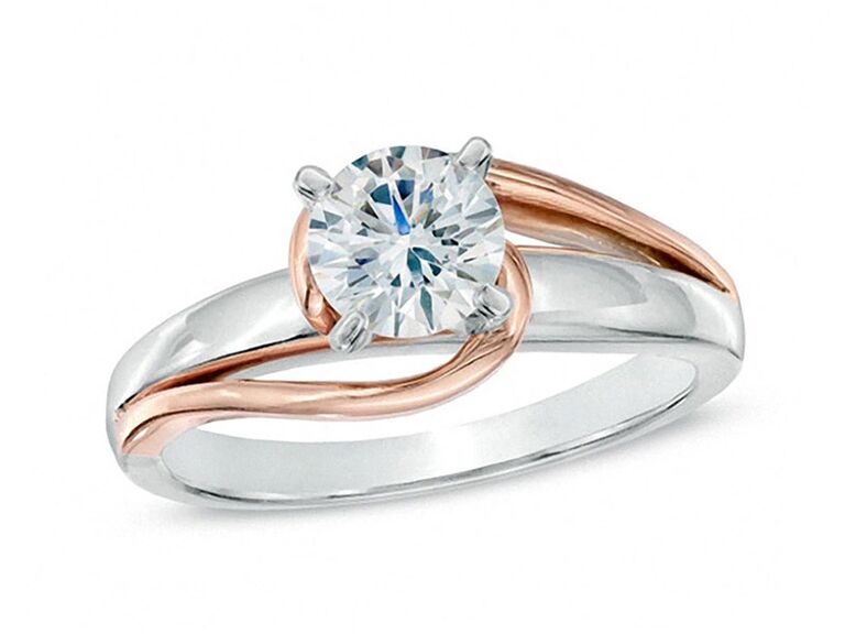 zales rose gold engagement ring with round diamond claw prongs and plain white and rose gold two tone band 