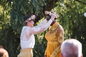 Partner in Lace, White Top With Flower Crown Placing Flower Crown on Bride, Yellow Dress