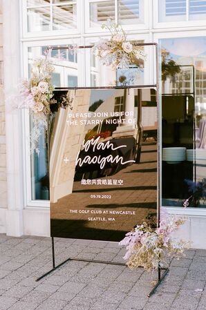 Reflective Welcome Sign to Starry Night Wedding, Multi-Lingual, Pastel Flowers