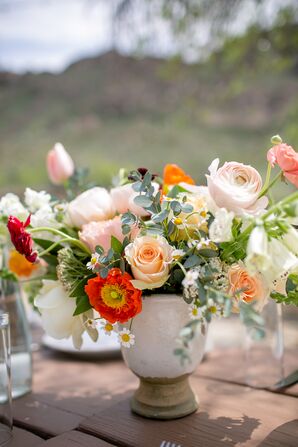 Red and Peach Poppy and Garden Rose Centerpieces