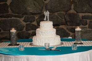 Three Tier Wedding Cake with Whipped Frosting and Glittery Silhouette Topper
