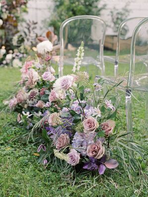 Purple Aisle Arrangements With Roses, Clematis and Hydrangeas