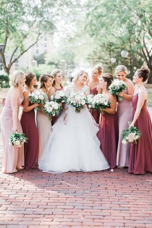 burgundy and pink bridesmaid dresses Azazie Fatima Burgundy Stretch Satin Bridesmaid Dresses