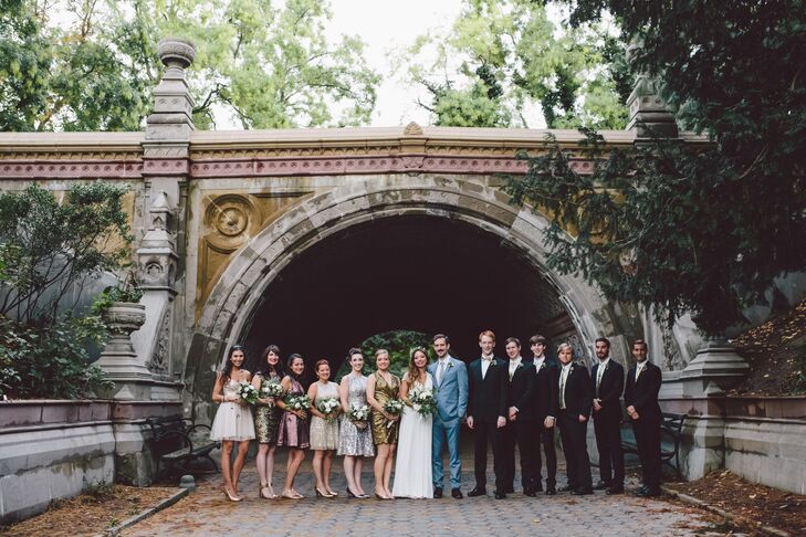 The bridesmaids wore dresses in mixed metallics, and the groomsmen wore slim fit black suits with gold metallic ties.