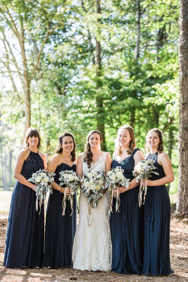 Bridesmaids in Navy Chiffon Dresses