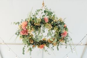 Hanging Floral Chandelier with Bright Dahlias and Eucalyptus
