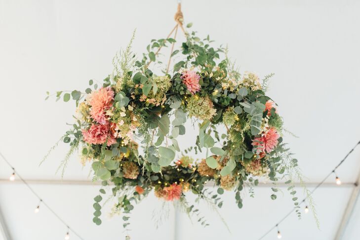 Hanging Floral Chandelier with Bright Dahlias and Eucalyptus