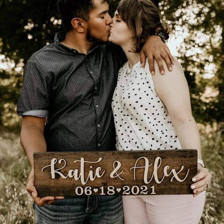 Wooden Personalized Engagement Announcement Sign with couples names and date