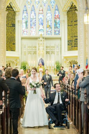 Bride and Groom, in Wheelchair, Recess Down Historic Church Aisle at Charleston Wedding Ceremony