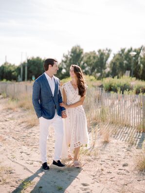 Engagement Photo, Smart-Casual Groom and Bride With Flowy Dress on Beach