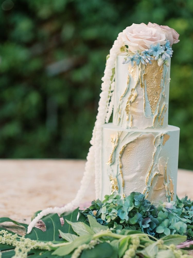 two-tier textured teal-and-gold wedding cake 